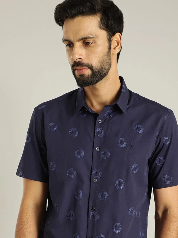 Indian Terrain Men Embroidered Dark Blue Shirt